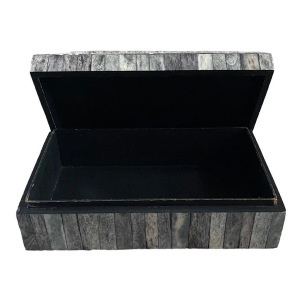 Vintage Large Gray Bone Stripe Wood Box India 10.25